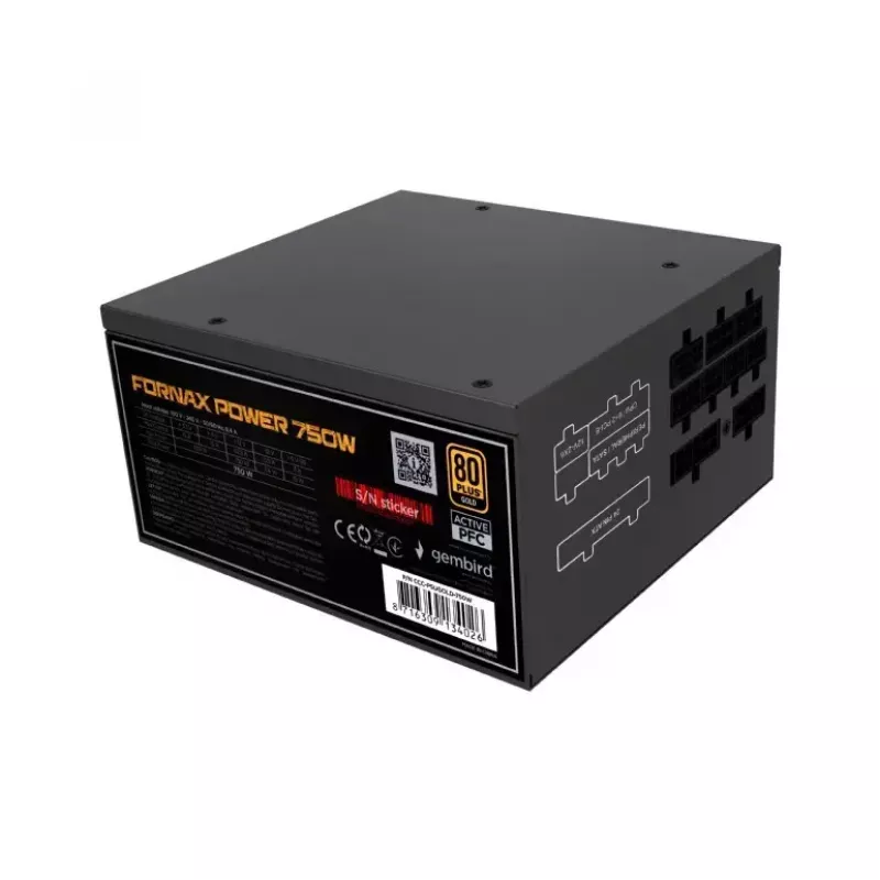 Maitinimo blokas GEMBIRD Fornax Power 750W ATX 80 PLUS Gold modulinis 12 cm ventiliatorius EPS 4+4pin PCIe 6+2pin SATA jungtys