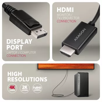 Axagon RVD-HI20C2 DisplayPort -> HDMI 2.0b laidas 1,8 m, 4K/60Hz