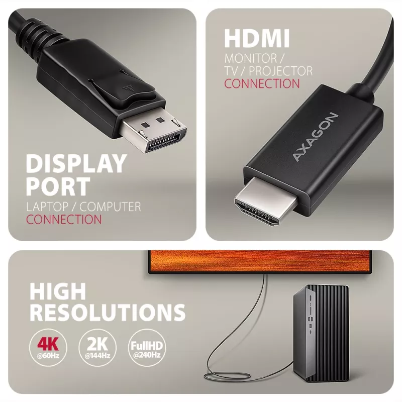 Axagon RVD-HI20C2 DisplayPort -> HDMI 2.0b laidas 1,8 m, 4K/60Hz
