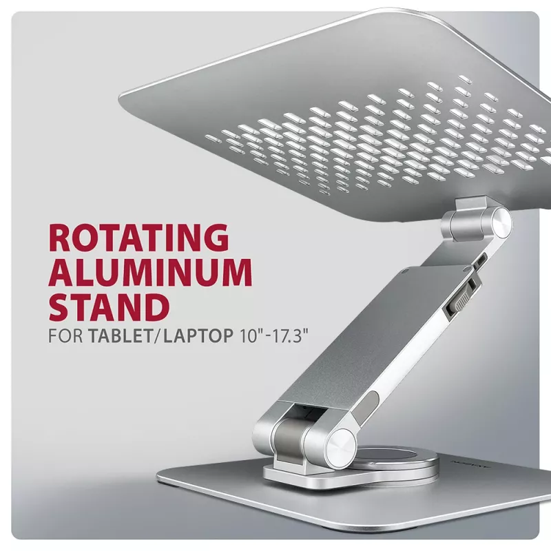 Axagon STND-LR aliumininis stovas su 360° pasukimu nešiojamiesiems kompiuteriams 10 inch–17.3 inch. Reguliuojamas aukštis ir kampas.