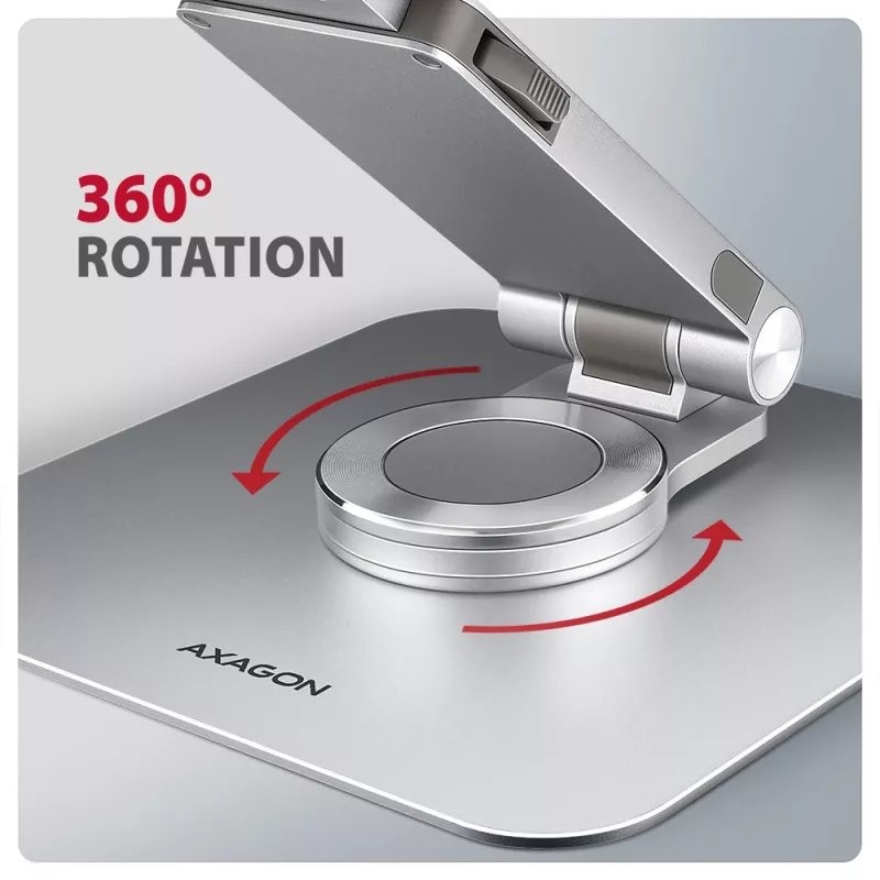 Axagon STND-LR aliumininis stovas su 360° pasukimu nešiojamiesiems kompiuteriams 10 inch–17.3 inch. Reguliuojamas aukštis ir kampas.