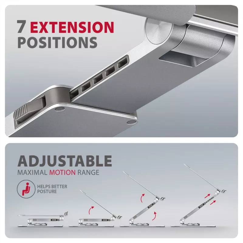 Axagon STND-LR aliumininis stovas su 360° pasukimu nešiojamiesiems kompiuteriams 10 inch–17.3 inch. Reguliuojamas aukštis ir kampas.