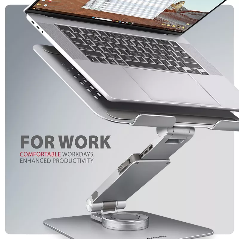 Axagon STND-LR aliumininis stovas su 360° pasukimu nešiojamiesiems kompiuteriams 10 inch–17.3 inch. Reguliuojamas aukštis ir kampas.