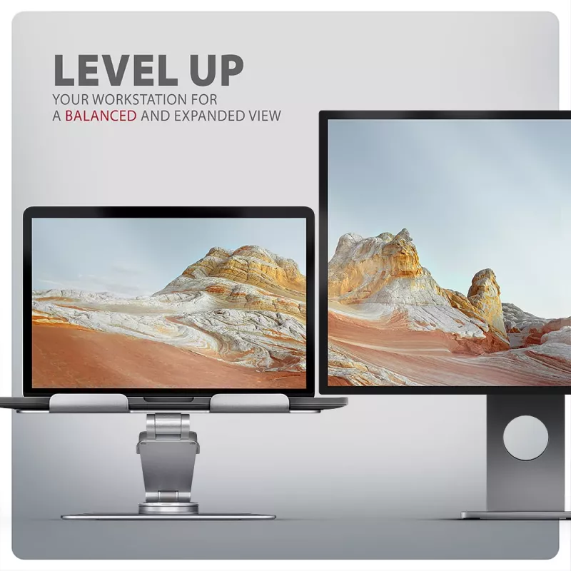 Axagon STND-LR aliumininis stovas su 360° pasukimu nešiojamiesiems kompiuteriams 10 inch–17.3 inch. Reguliuojamas aukštis ir kampas.