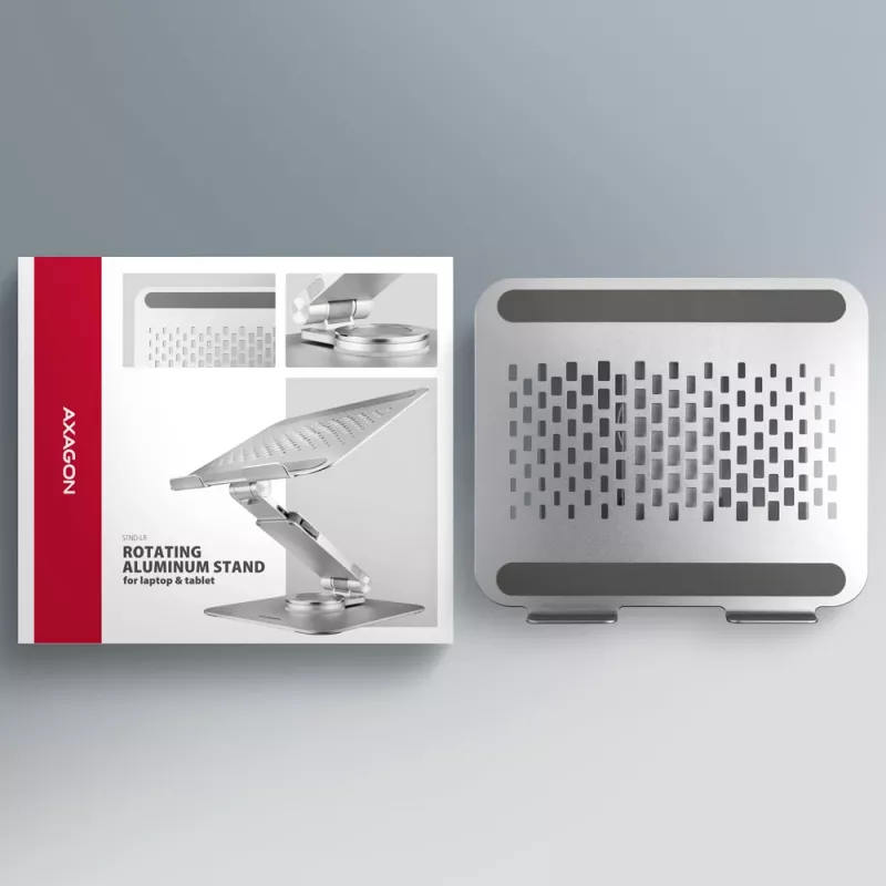 Axagon STND-LR aliumininis stovas su 360° pasukimu nešiojamiesiems kompiuteriams 10 inch–17.3 inch. Reguliuojamas aukštis ir kampas.