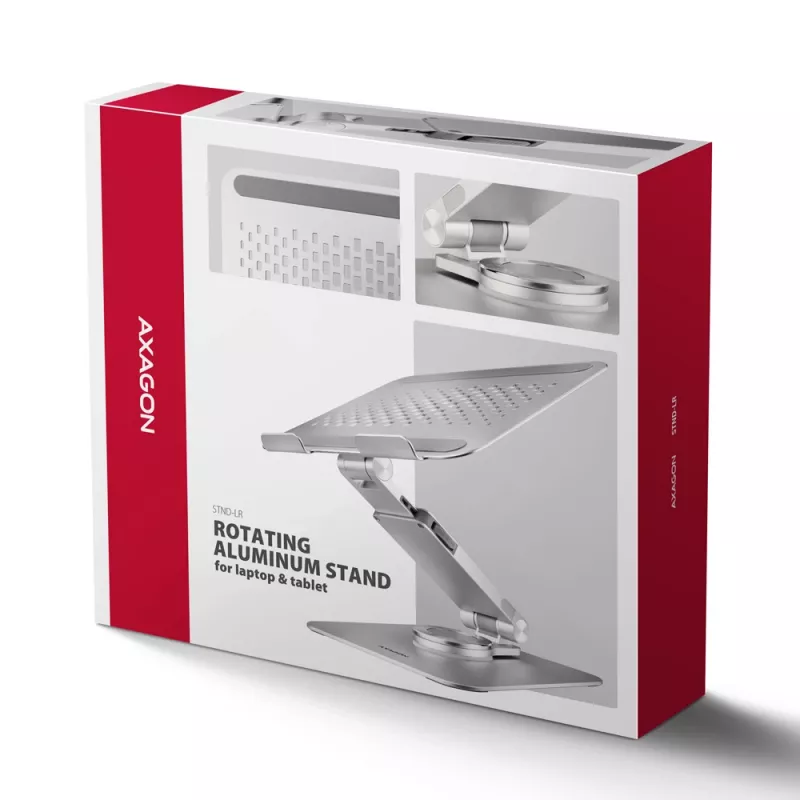 Axagon STND-LR aliumininis stovas su 360° pasukimu nešiojamiesiems kompiuteriams 10 inch–17.3 inch. Reguliuojamas aukštis ir kampas.