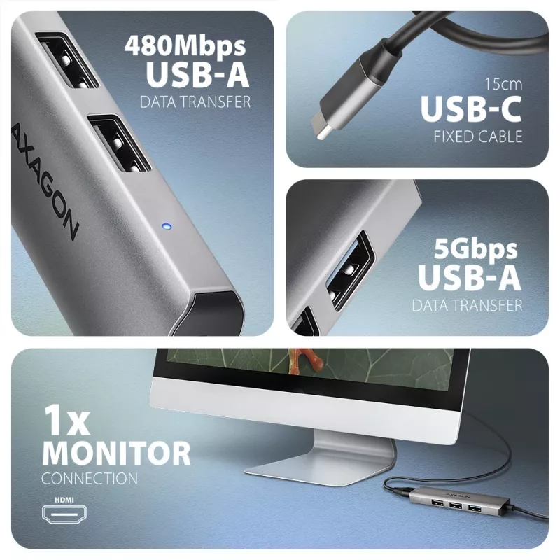 Axagon HMC-H3A USB 5Gbps šakotuvas, 3x USB-A, HDMI 4k/30Hz, 15cm USB-C laidas