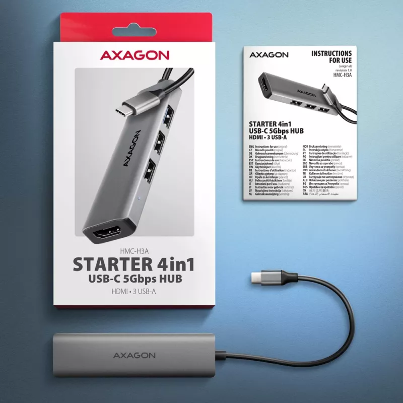 Axagon HMC-H3A USB 5Gbps šakotuvas, 3x USB-A, HDMI 4k/30Hz, 15cm USB-C laidas