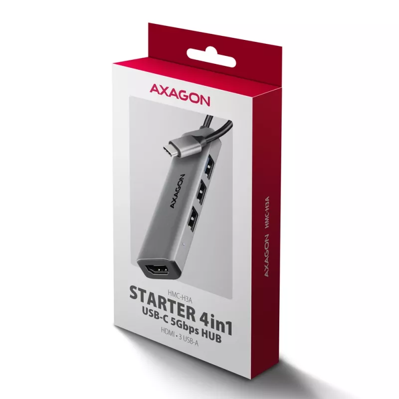 Axagon HMC-H3A USB 5Gbps šakotuvas, 3x USB-A, HDMI 4k/30Hz, 15cm USB-C laidas