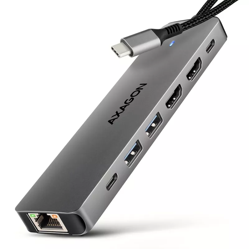 Axagon HMC-7HX2 USB 5Gbps šakotuvas, 2x USB-A, USB-C, 2x HDMI 4k/60Hz, RJ-45, PD 100W