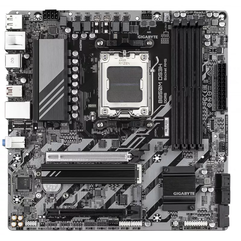 GIGABYTE B850M DS3H pagrindinė plokštė – AMD Ryzen 9000 serijos procesoriams, 16+2+2 fazių skaitmeninis VRM, iki 8200MHz DDR5 (OC), 1xPCIe 5.0 + 1xPCIe 4.0 M.2, 2.5 LAN, USB 3.2 Gen 2