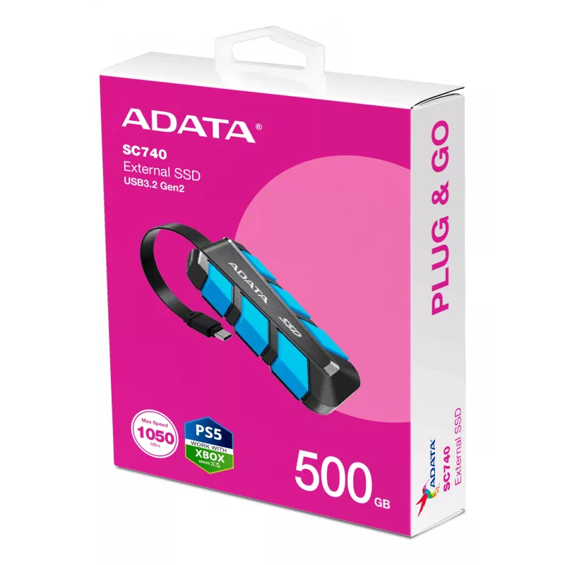 ADATA SC740 500 GB USB Type-C 3.2 Gen 2 (3.1 Gen 2) Juoda, Blue