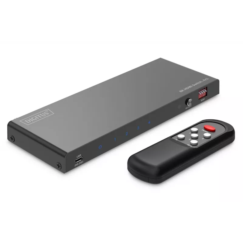 DIGITUS 4x1 HDMI jungiklis - 8K/60Hz (4:4:4), Toslink, stereofoninis, EDID valdymas