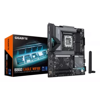 GIGABYTE B860 EAGLE WIFI6E motininė plokštė – Intel Core Ultra serijos procesoriams, 12+1+2+1 fazių VRM, iki 9066 MHz DDR5, 1xPCIe 5.0 + 2xPCIe 4.0 M.2, 2.5GbE LAN, WIFI 6E, USB 3.2 Gen 2x2