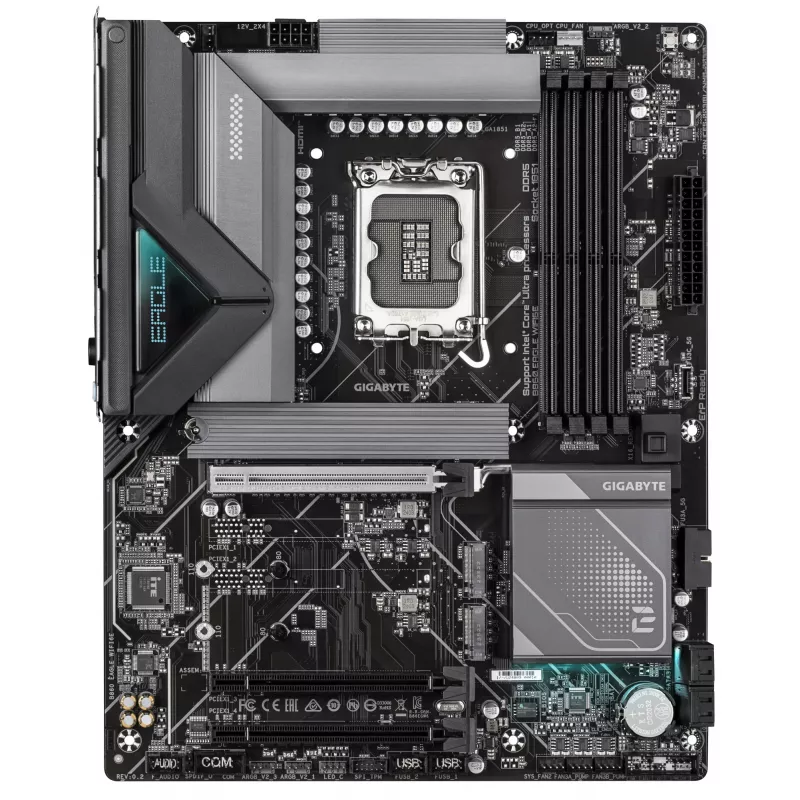 GIGABYTE B860 EAGLE WIFI6E motininė plokštė – Intel Core Ultra serijos procesoriams, 12+1+2+1 fazių VRM, iki 9066 MHz DDR5, 1xPCIe 5.0 + 2xPCIe 4.0 M.2, 2.5GbE LAN, WIFI 6E, USB 3.2 Gen 2x2