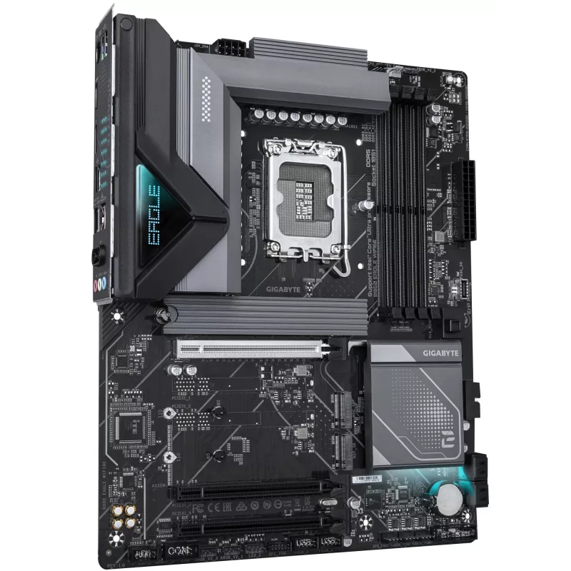 GIGABYTE B860 EAGLE WIFI6E motininė plokštė – Intel Core Ultra serijos procesoriams, 12+1+2+1 fazių VRM, iki 9066 MHz DDR5, 1xPCIe 5.0 + 2xPCIe 4.0 M.2, 2.5GbE LAN, WIFI 6E, USB 3.2 Gen 2x2
