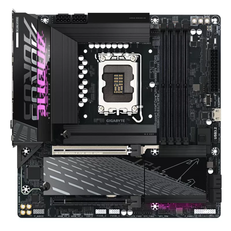 GIGABYTE B860M AORUS ELITE WIFI6E pagrindinė plokštė – Intel Core Ultra serijos procesoriams, 12+1+2+1 fazių VRM, iki 9200MHz DDR5, 1xPCIe 5.0 + 2xPCIe 4.0 M.2, 2.5GbE LAN, WIFI 6E, Thunderbolt