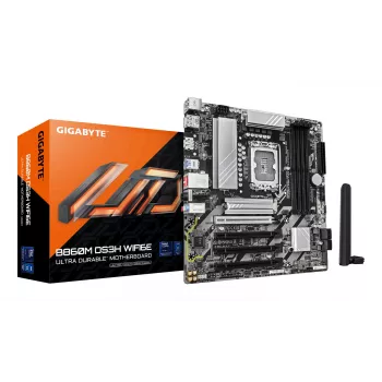 GIGABYTE B860M DS3H WIFI6E pagrindinė plokštė – Intel Core Ultra serijos procesoriams, 5+1+2+1 fazių VRM, iki 9066MHz DDR5, 1xPCIe 5.0 + 1xPCIe 4.0 M.2, 2.5GbE LAN, WIFI 6E, USB 3.2 Gen 2