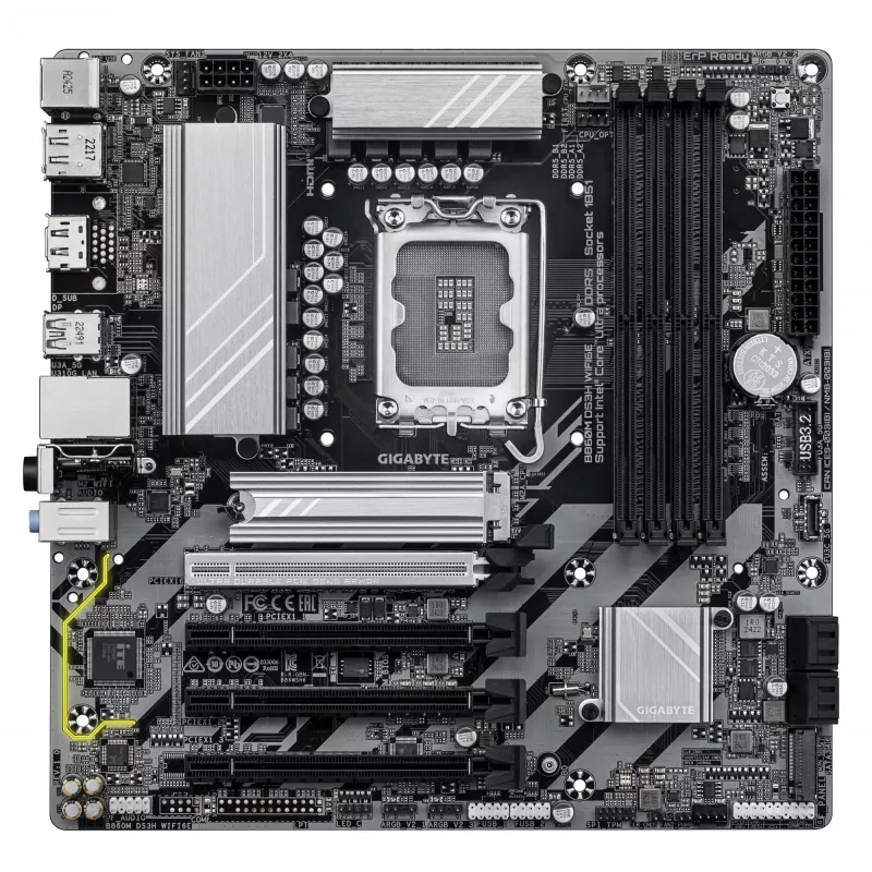 GIGABYTE B860M DS3H WIFI6E pagrindinė plokštė – Intel Core Ultra serijos procesoriams, 5+1+2+1 fazių VRM, iki 9066MHz DDR5, 1xPCIe 5.0 + 1xPCIe 4.0 M.2, 2.5GbE LAN, WIFI 6E, USB 3.2 Gen 2