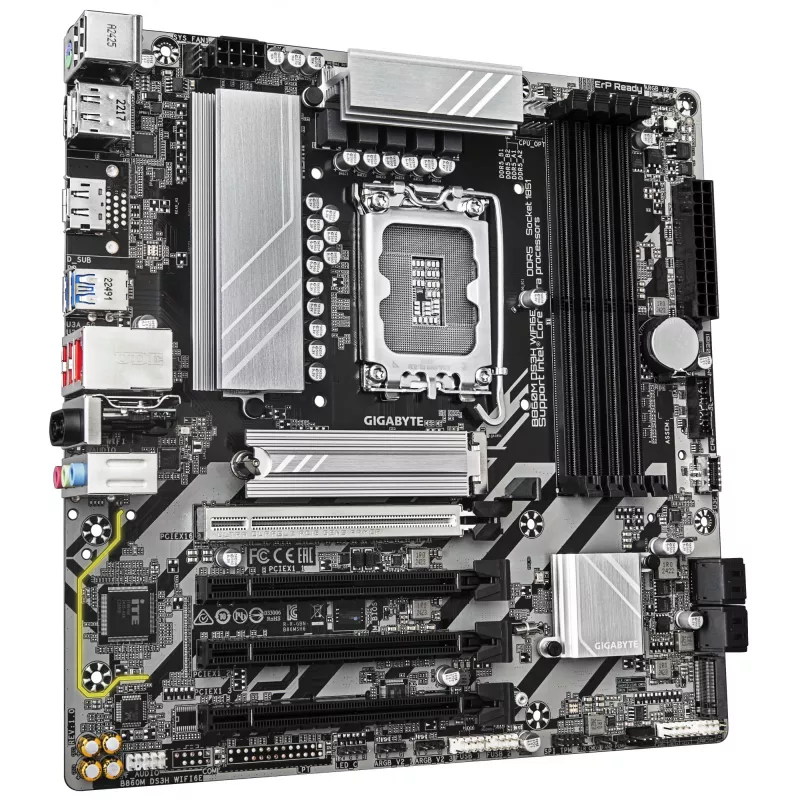 GIGABYTE B860M DS3H WIFI6E pagrindinė plokštė – Intel Core Ultra serijos procesoriams, 5+1+2+1 fazių VRM, iki 9066MHz DDR5, 1xPCIe 5.0 + 1xPCIe 4.0 M.2, 2.5GbE LAN, WIFI 6E, USB 3.2 Gen 2
