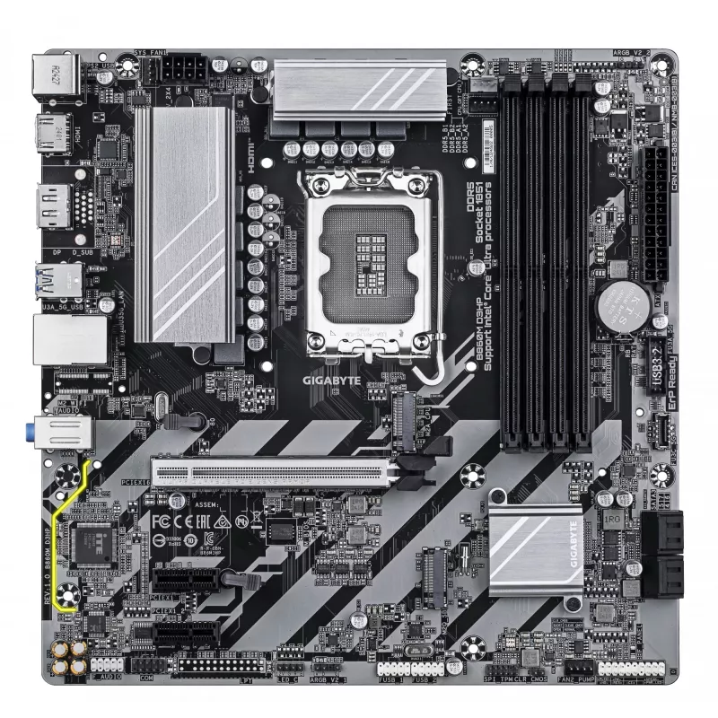 GIGABYTE B860M D3HP pagrindinė plokštė – Intel Core Ultra serijos procesoriams, 4+1+2+1 fazių VRM, iki 9066MHz DDR5, 2xPCIe 4.0 M.2, GbE LAN, USB 3.2 Gen 1