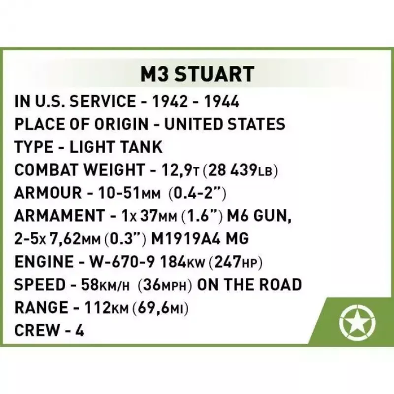 Statybinis blokų rinkinys Cobi Blocks M3 Stuart, 511 vnt., suderinamas su kitais prekių ženklais
