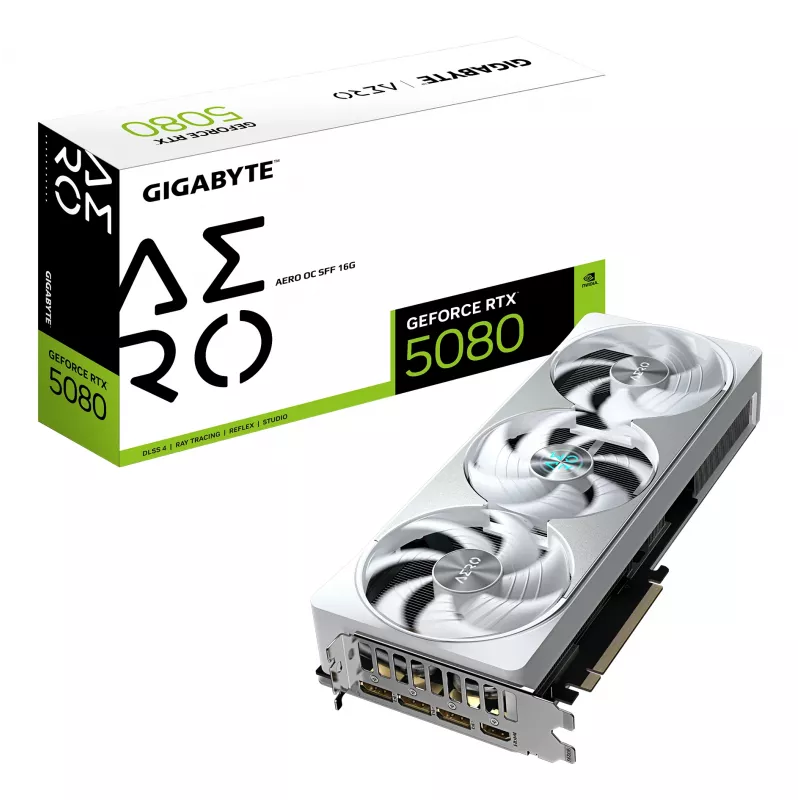GIGABYTE GeForce RTX 5080 AERO OC SFF 16G vaizdo plokštė - 16 GB GDDR7, 256 bitų, PCI-E 5.0, 2730 MHz branduolio dažnis, 3 x DisplayPort, 1 x HDMI, GV-N5080AERO OC-16GD