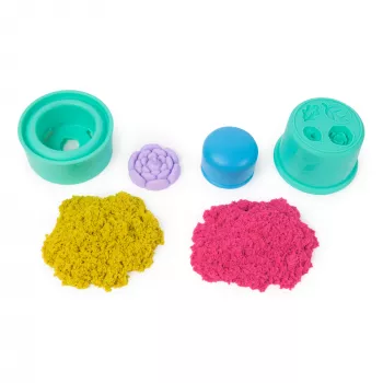 Kinetic Sand, SquishBlossom žydinti gėlė, Velykų krepšelio priedai, yra 8 uncijų neoninės geltonos ir rožinės formuojamo žaidimų smėlio, puodas ir formelės, sensoriniai žaislai vaikams