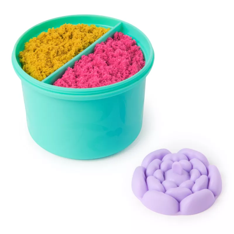 Kinetic Sand, SquishBlossom žydinti gėlė, Velykų krepšelio priedai, yra 8 uncijų neoninės geltonos ir rožinės formuojamo žaidimų smėlio, puodas ir formelės, sensoriniai žaislai vaikams