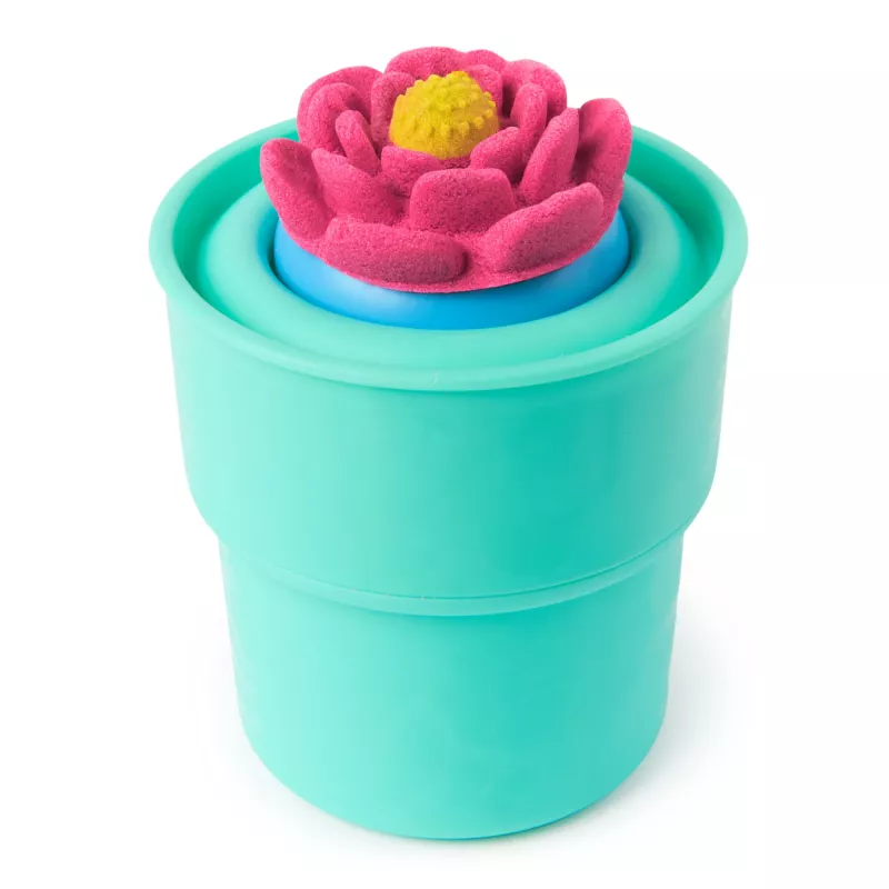 Kinetic Sand, SquishBlossom žydinti gėlė, Velykų krepšelio priedai, yra 8 uncijų neoninės geltonos ir rožinės formuojamo žaidimų smėlio, puodas ir formelės, sensoriniai žaislai vaikams