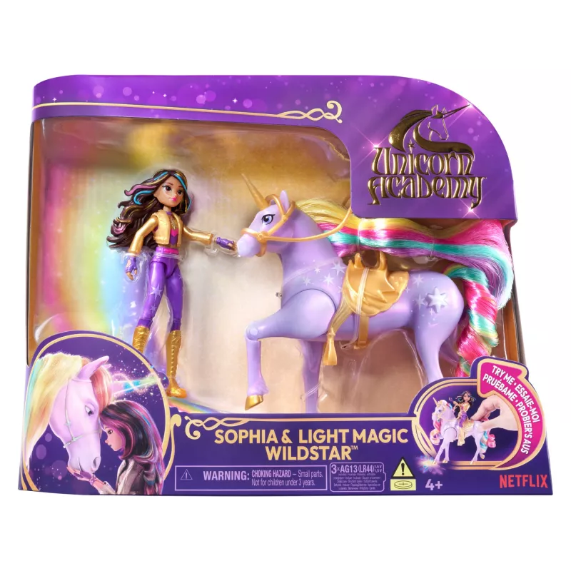 Mados lėlė Usorteret Unicorn Academy Sophia & Light Magic Wildstar su vaivorykštės šviesos efektais, LR44 baterijos, 241 mm