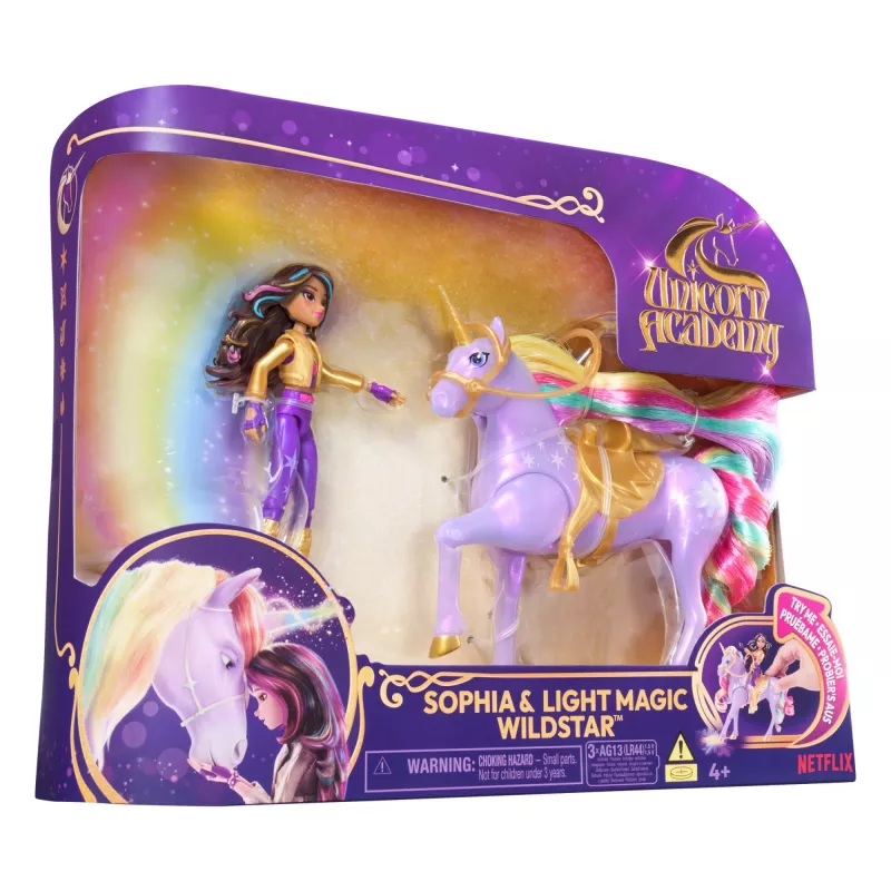 Mados lėlė Usorteret Unicorn Academy Sophia & Light Magic Wildstar su vaivorykštės šviesos efektais, LR44 baterijos, 241 mm