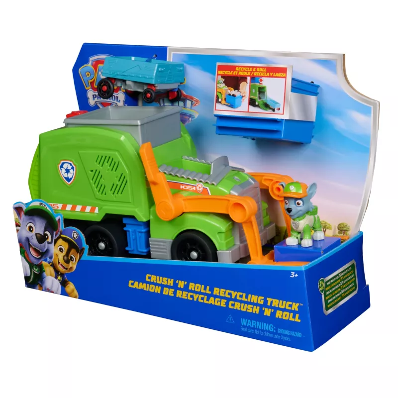 PAW Patrol: „Crush N’ Roll“ perdirbimo sunkvežimis su Rocky figūrėle ir transformuojančia suspaustą šiukšlių transporto priemonę, žaislai berniukams ir mergaitėms nuo 3 metų