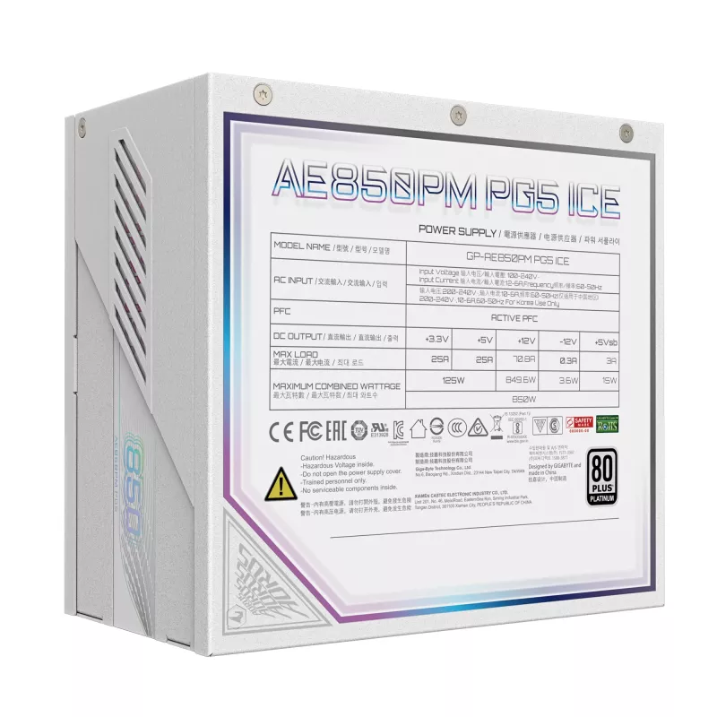 Maitinimo blokas GIGABYTE AORUS ELITE P850W 850W ATX 80 PLUS Platinum visiškai modulinis baltas 120mm ventiliatorius