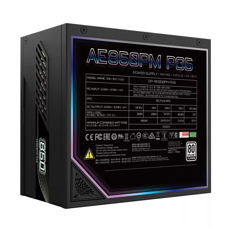 GIGABYTE AORUS ELITE P850W maitinimo blokas - PCIe 5.0, 80 PLUS Platinum, visiškai modulinė konstrukcija, 120 mm ventiliatorius, suderinamas su ATX 3.0, EU kištukas