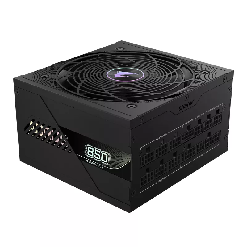 GIGABYTE AORUS ELITE P850W maitinimo blokas - PCIe 5.0, 80 PLUS Platinum, visiškai modulinė konstrukcija, 120 mm ventiliatorius, suderinamas su ATX 3.0, EU kištukas