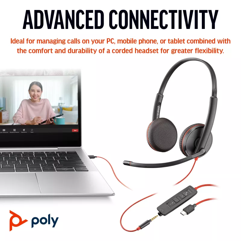 HP Poly Juodawire 3225 Stereo USB-C Headset +3.5mm Plug +USB-C/A Adapter (Bulk)