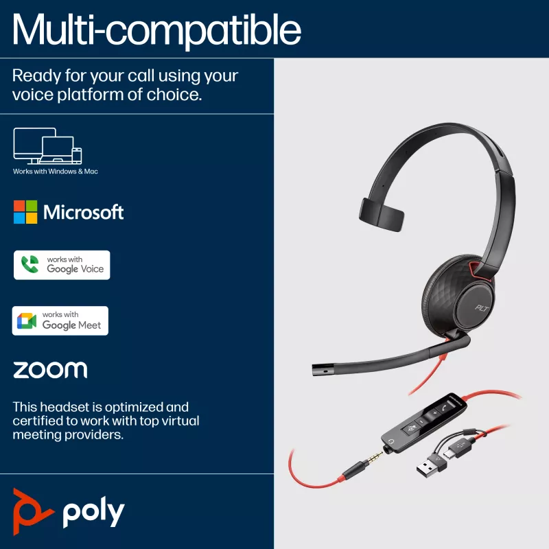 HP Poly Juodawire 5210 Vienpusės ausinės USB-C +3,5 mm kištukas +USB-C/A adapteris