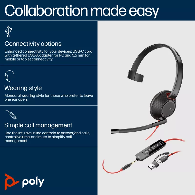HP Poly Juodawire 5210 Vienpusės ausinės USB-C +3,5 mm kištukas +USB-C/A adapteris