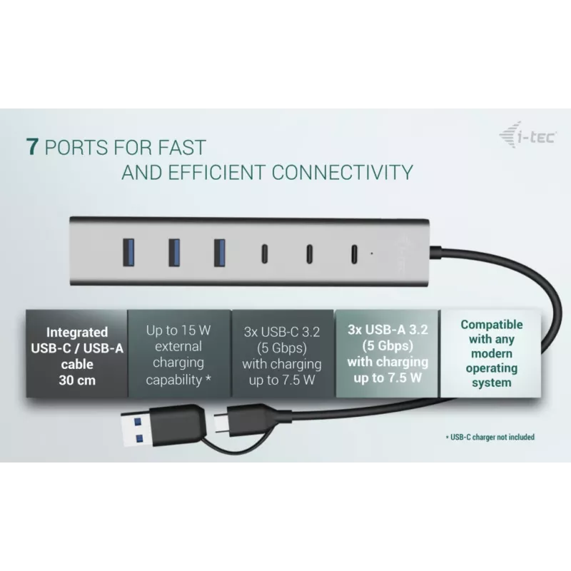 i-tec USB-C/USB-A įkrovimo metalinis HUB 7 prievadai (3x USB-C, 4x USB-A)