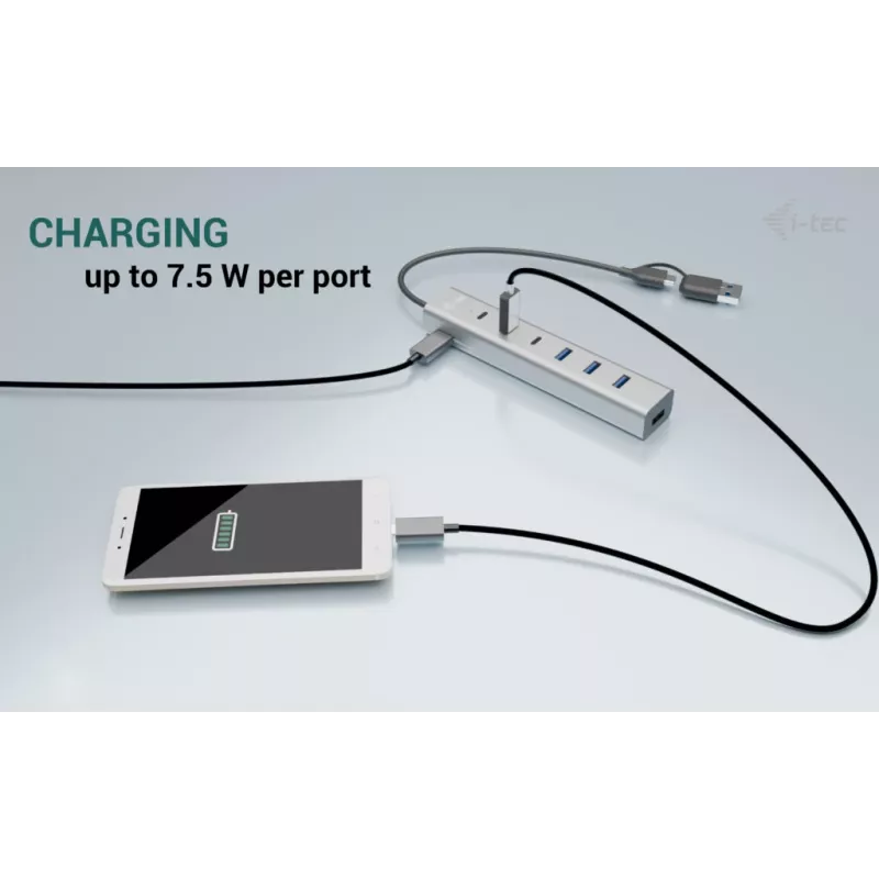 i-tec USB-C/USB-A įkrovimo metalinis HUB 7 prievadai (3x USB-C, 4x USB-A)
