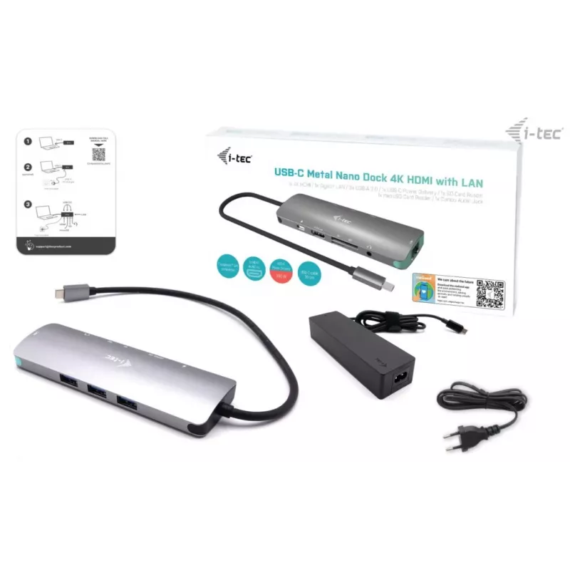 i-tec USB-C Metal Nano dokų stotelė 4K HDMI LAN su maitinimo tiekimu 100W + universalus įkroviklis 100W