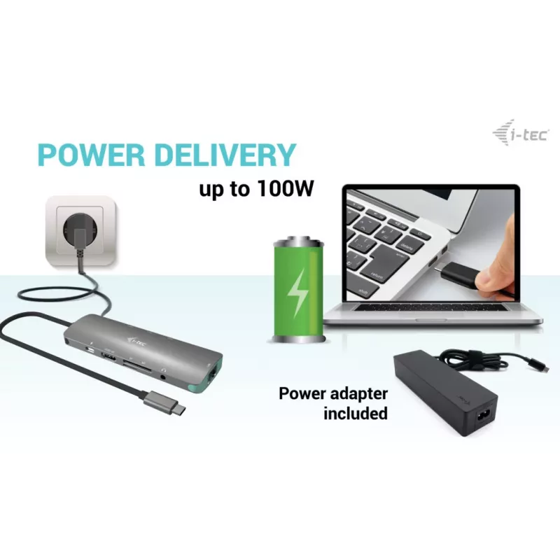 i-tec USB-C Metal Nano dokų stotelė 4K HDMI LAN su maitinimo tiekimu 100W + universalus įkroviklis 100W