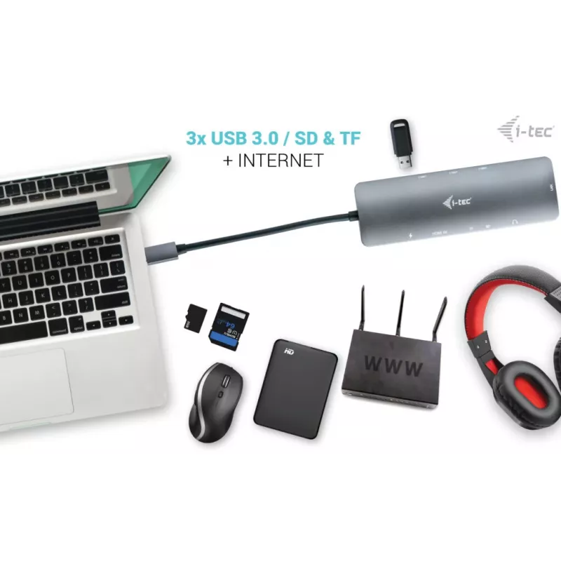 i-tec USB-C Metal Nano dokų stotelė 4K HDMI LAN su maitinimo tiekimu 100W + universalus įkroviklis 100W