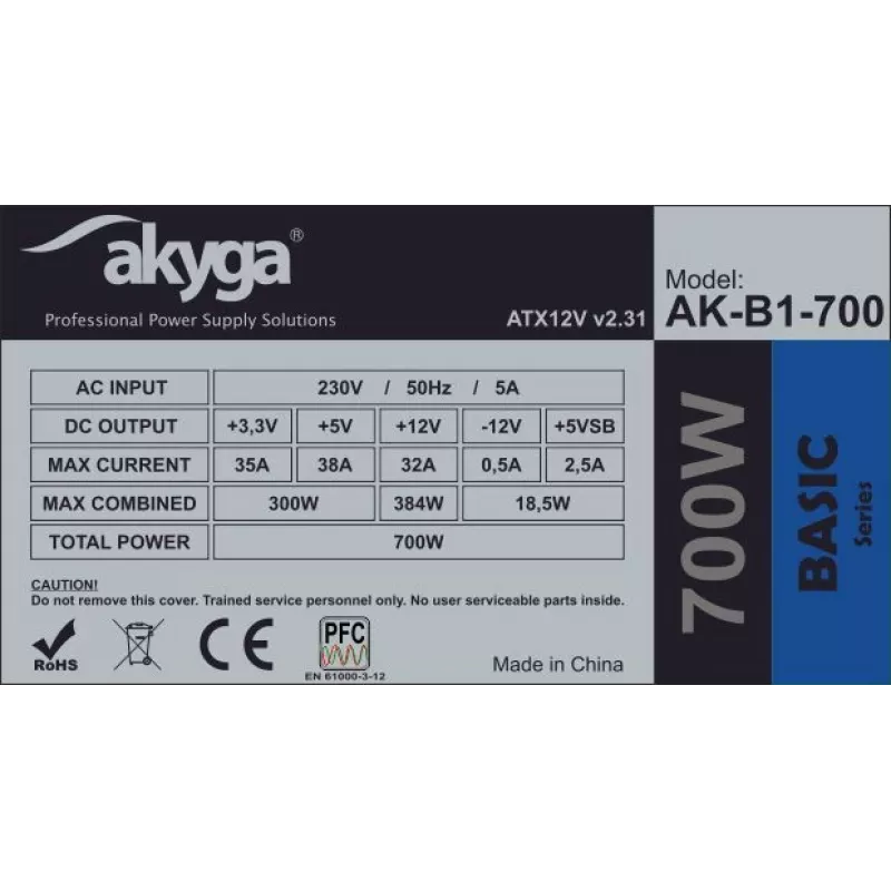 AKYGA maitinimo blokas - 700W 20+4 kontaktų ATX