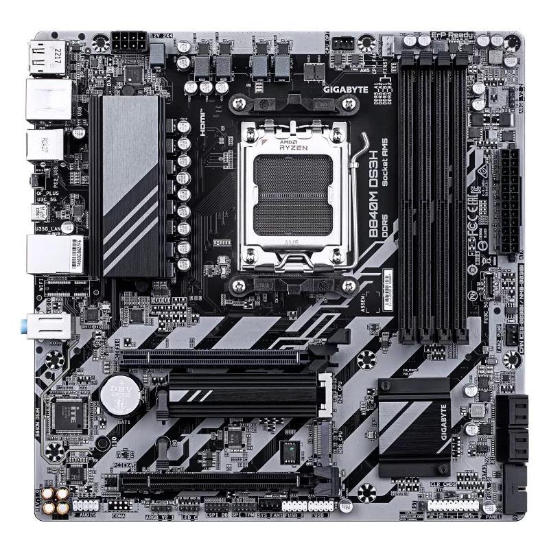 GIGABYTE B840M DS3H pagrindinė plokštė – AMD Ryzen 9000 procesoriams, 8+2+2 fazių VRM, iki 8200MHz DDR5, 2xPCIe 4.0 M.2, 2.5GbE LAN, USB 3.2 Gen 1