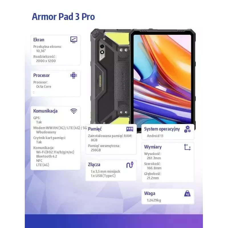Planšetinis kompiuteris UleFone Armor Pad 3 Pro 10,36 colio, aštuonių branduolių, 8 GB RAM, 256 GB atminties, Android