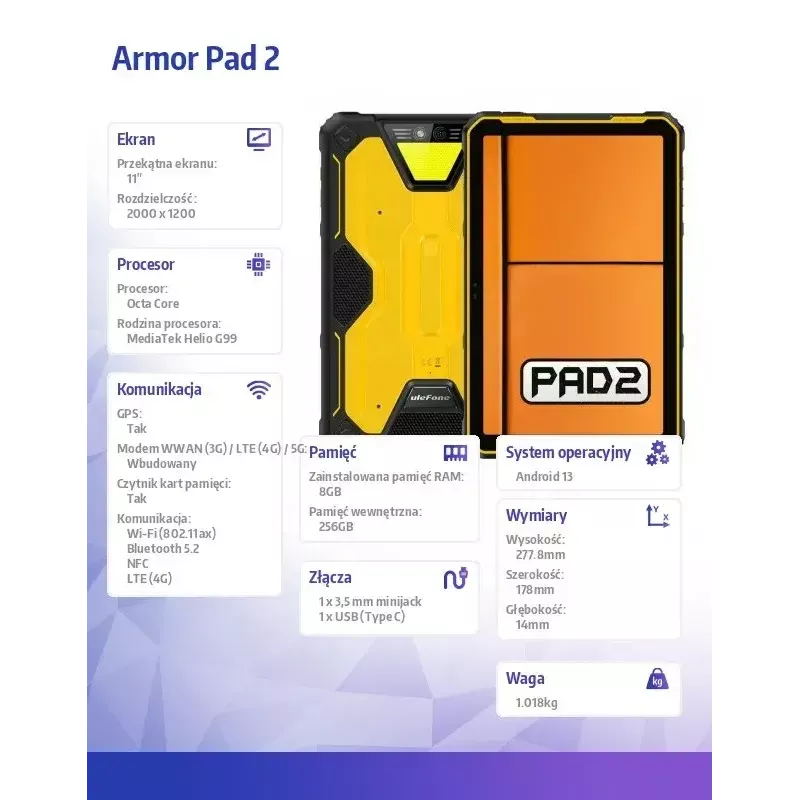 Planšetinis kompiuteris UleFone Armor Pad 2 11 colių aštuonių branduolių 8GB RAM 256GB atmintis Android