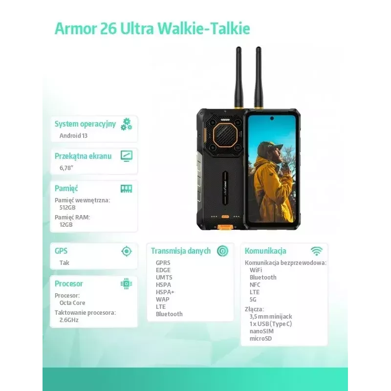 Smartphone UleFone Armor 26 Ultra 6.1 col. 12GB RAM 512GB atminties juoda