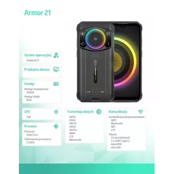 Išmanusis telefonas UleFone Armor 21 — 6,58 colio ekranas, 8 GB RAM, 256 GB atmintinė, juoda